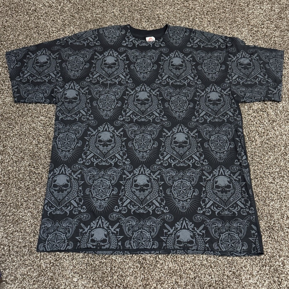 Vintage Skulls Cyber All Over‎ Print Black T-shirt XL Y2K Goth AAA ALSTYLE Crew